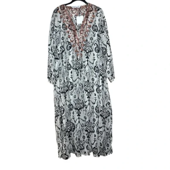 Zara Embroidered Ikat Print Midi Caftan Dress Small NWT